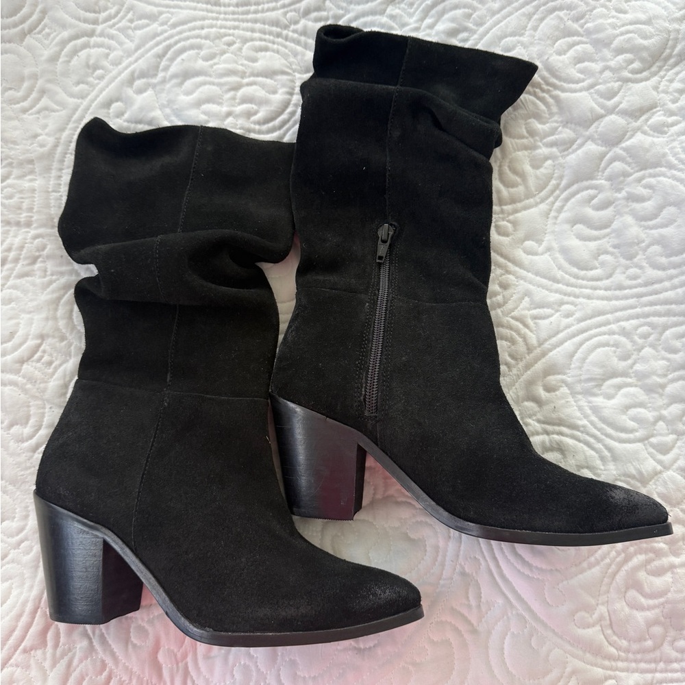 Black Suede Mid-Calf Block Heel Boots - Women